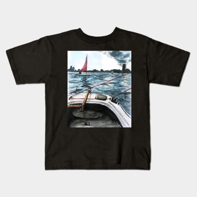 Sailing in Boston Watercolor Kids T-Shirt by Lady Lilac